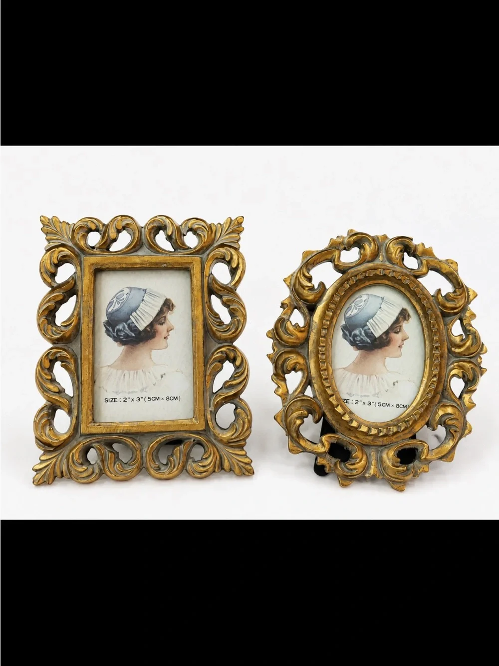 2 Vintage Ornate Gold Resin Rococo Baroque Mini Picture Frames Glass Front